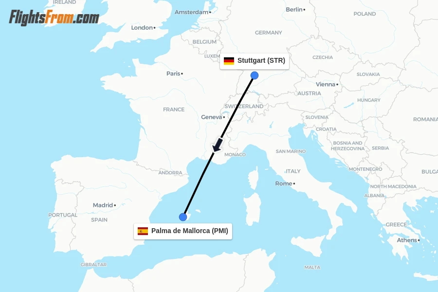 Flights from Stuttgart to Palma de Mallorca route map