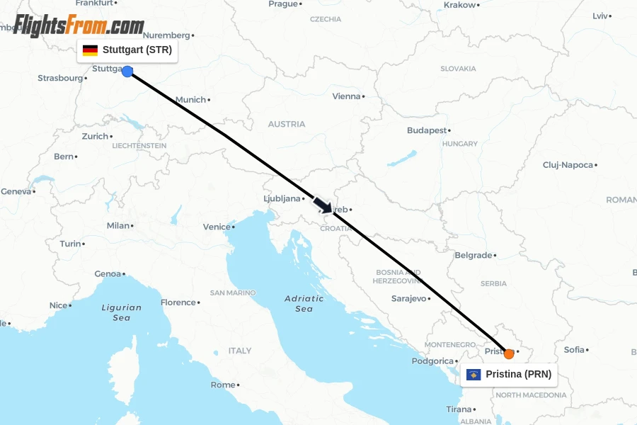 Flights from Stuttgart to Pristina route map