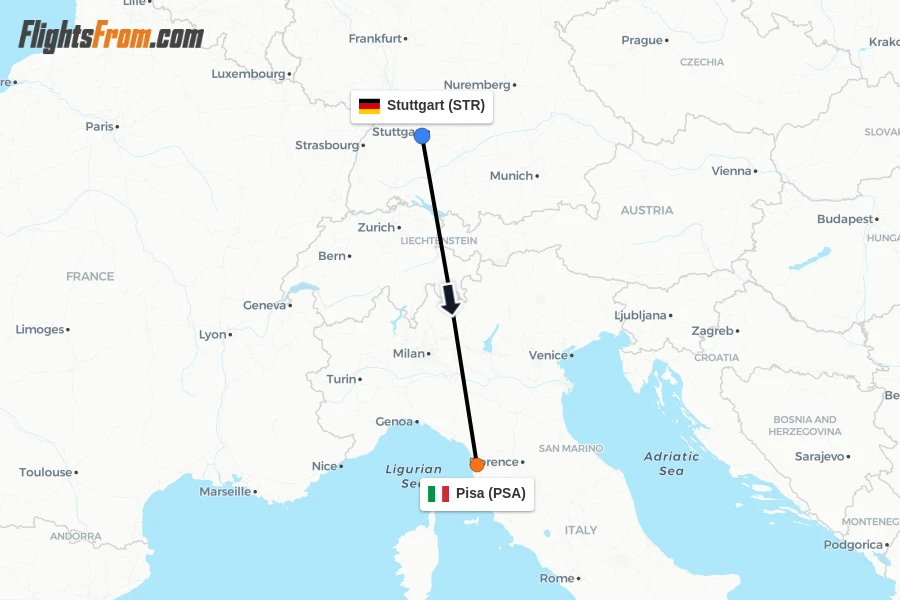Flights from Stuttgart to Pisa route map