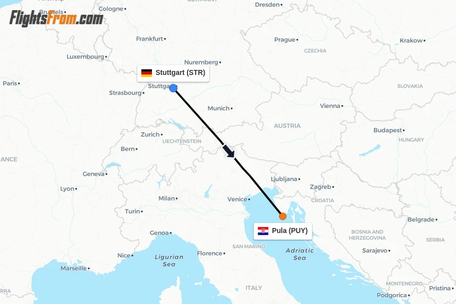 Flights from Stuttgart to Pula route map