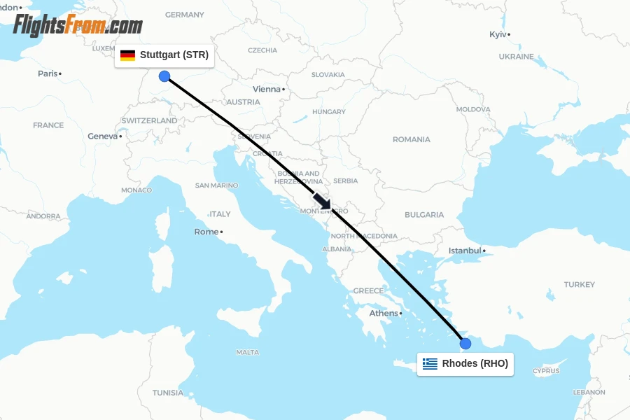 Flights from Stuttgart to Rhodes route map