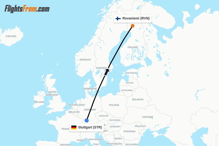 Flights from Stuttgart to Rovaniemi route map