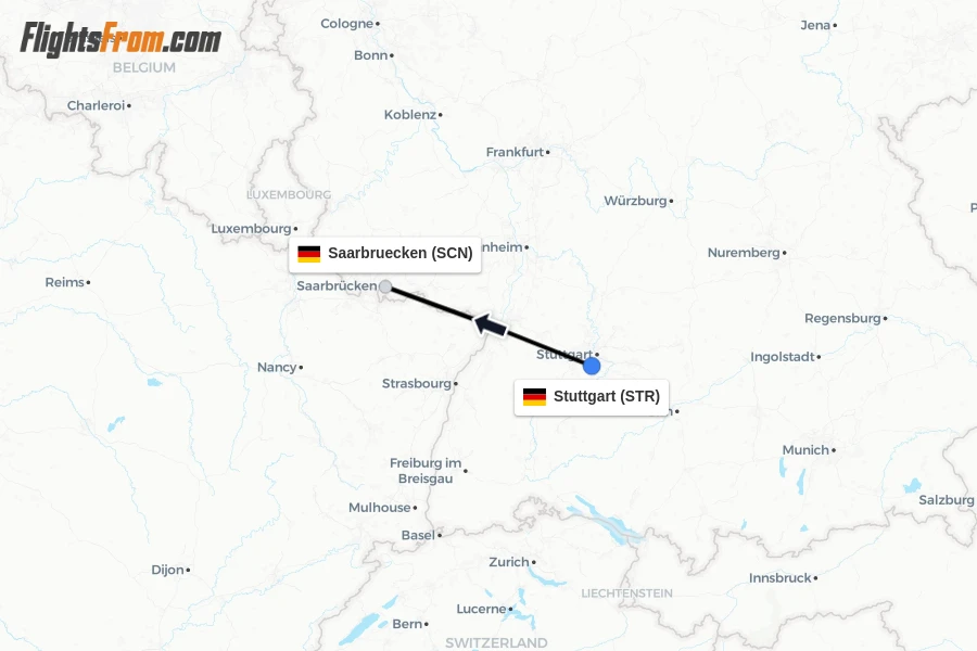 Flights from Stuttgart to Saarbruecken route map