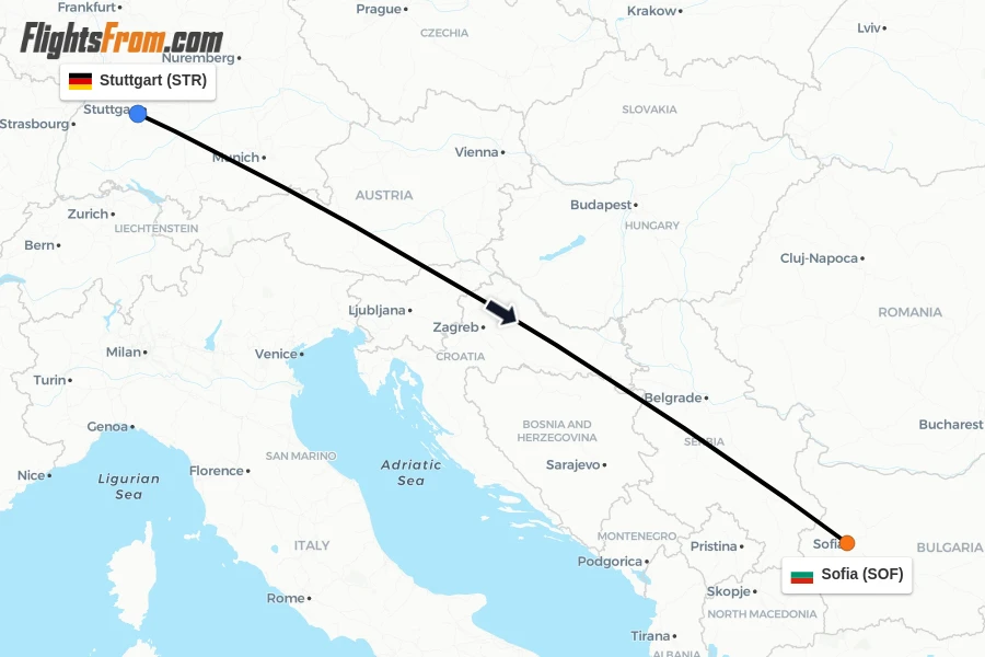 Flights from Stuttgart to Sofia route map