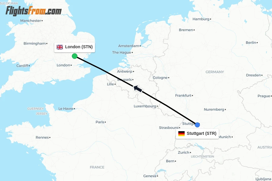 Flights from Stuttgart to London route map
