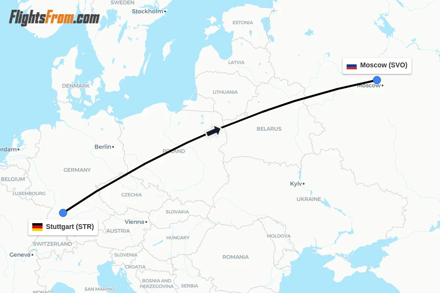 Flights from Stuttgart to Moscow route map