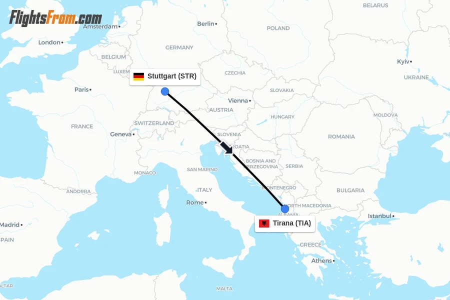 Flights from Stuttgart to Tirana route map