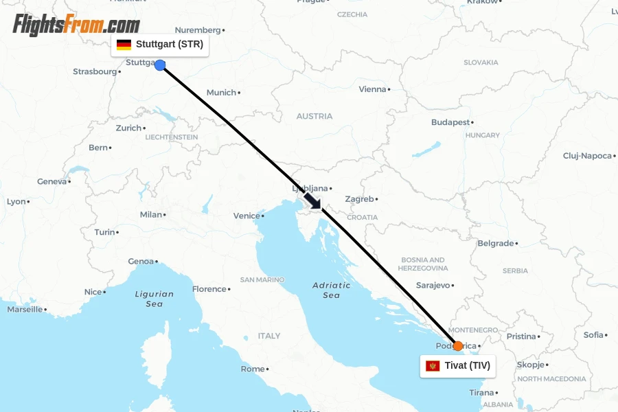 Flights from Stuttgart to Tivat route map