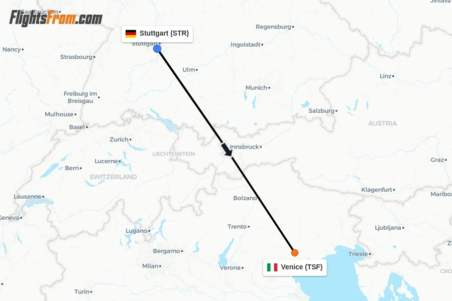 Flights from Stuttgart to Venice route map