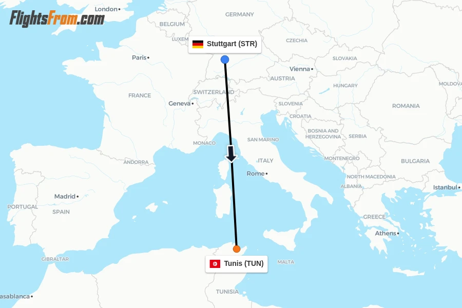 Flights from Stuttgart to Tunis route map