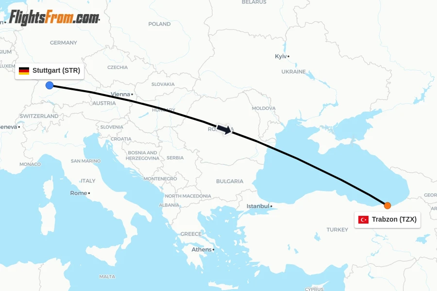 Flights from Stuttgart to Trabzon route map