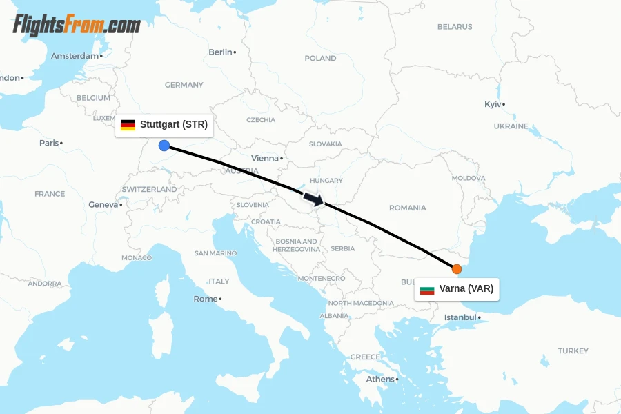 Flights from Stuttgart to Varna route map
