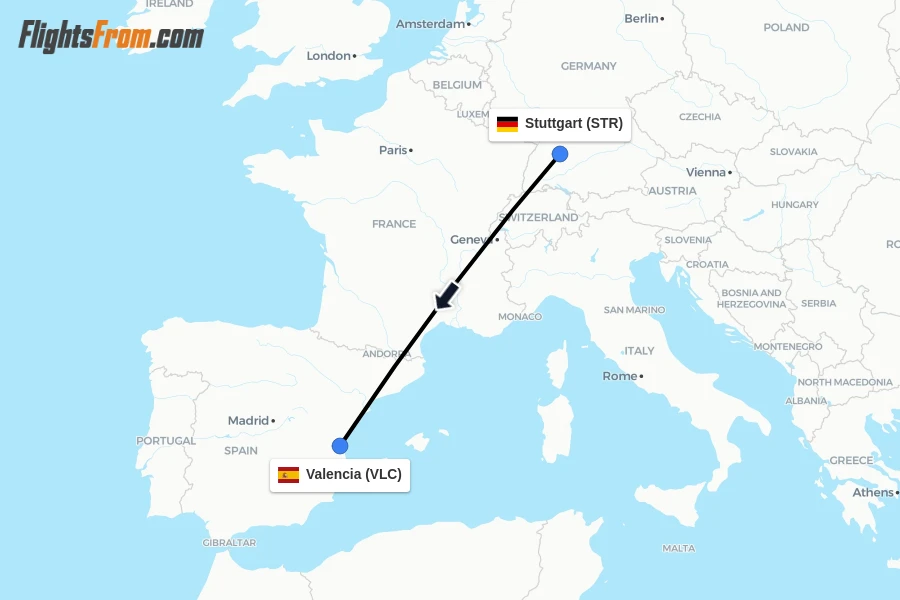 Flights from Stuttgart to Valencia route map