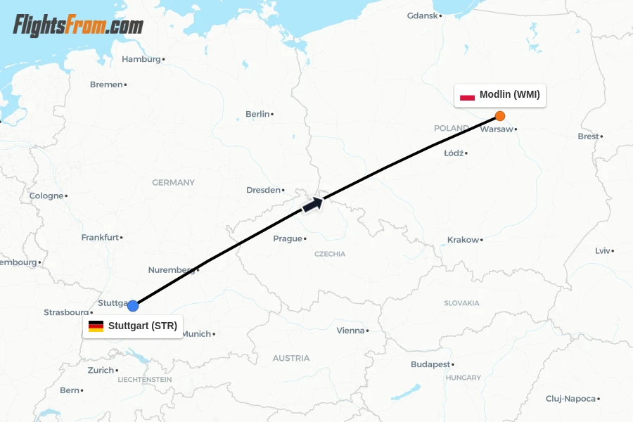 Flights from Stuttgart to Modlin route map