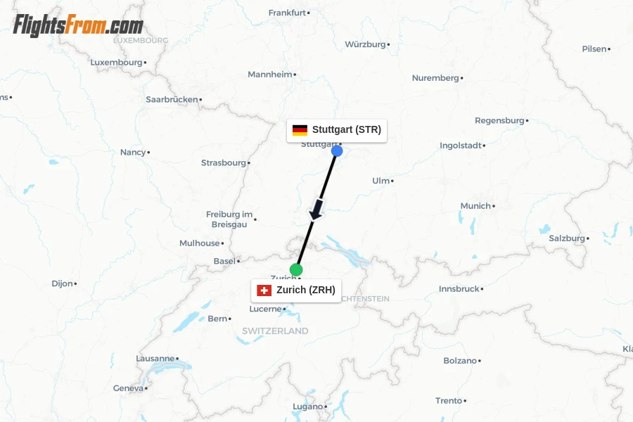 Flights from Stuttgart to Zurich route map