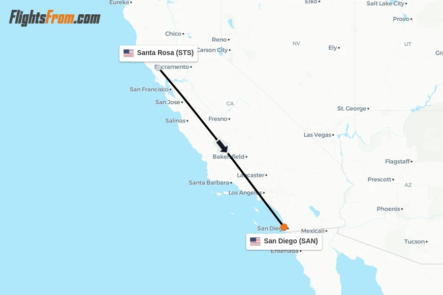 Flights from Santa Rosa to San Diego route map
