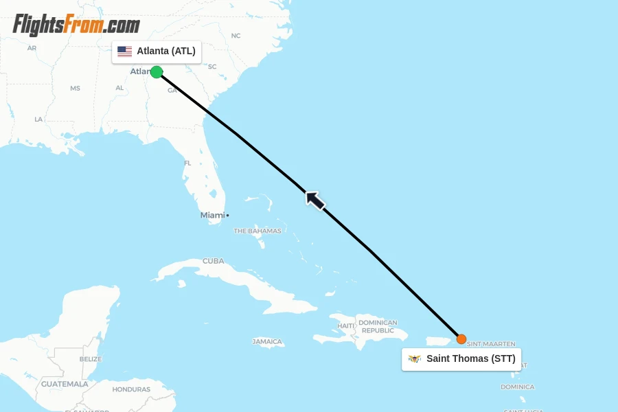 Flights from Saint Thomas to Atlanta route map