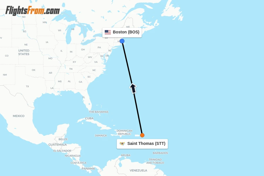 Flights from Saint Thomas to Boston route map
