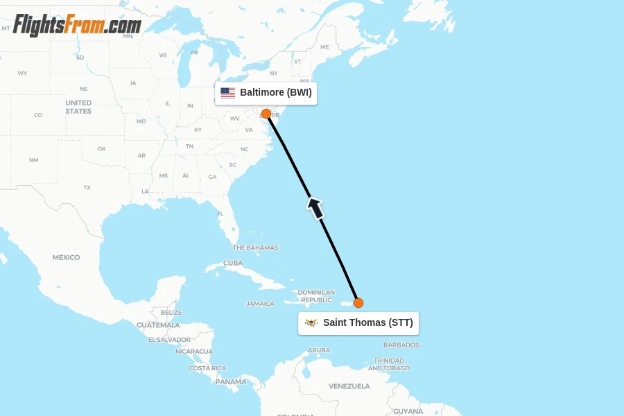 Flights from Saint Thomas to Baltimore route map