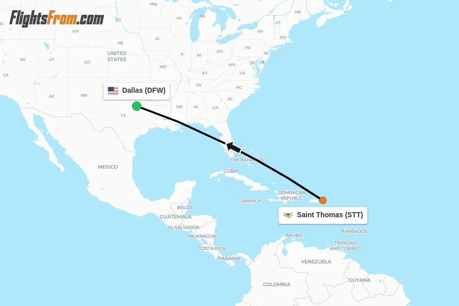 Flights from Saint Thomas to Dallas route map