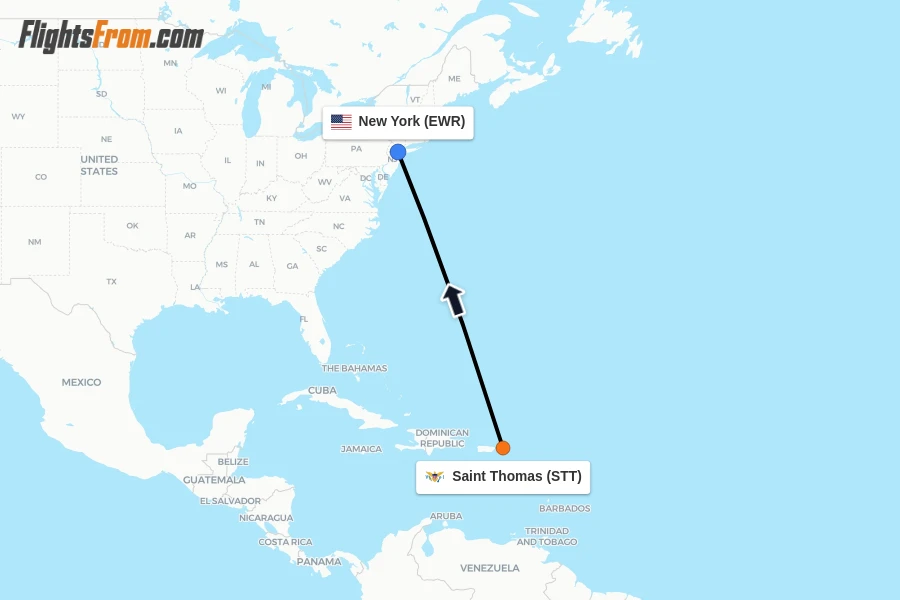 Flights from Saint Thomas to New York route map