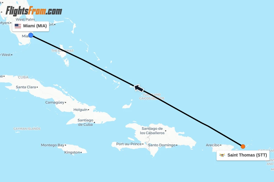 Flights from Saint Thomas to Miami route map
