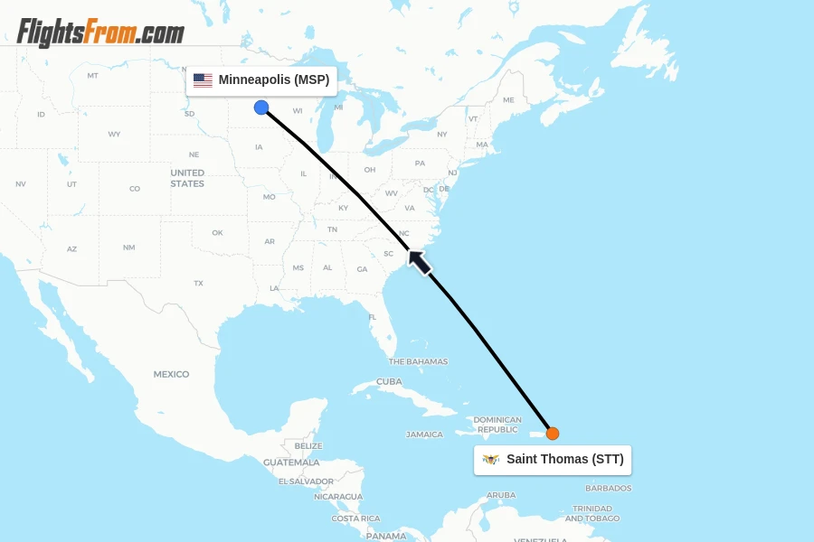 Flights from Saint Thomas to Minneapolis route map