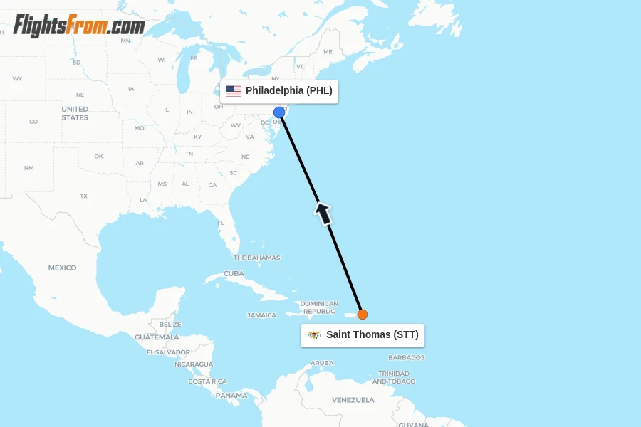 Flights from Saint Thomas to Philadelphia route map