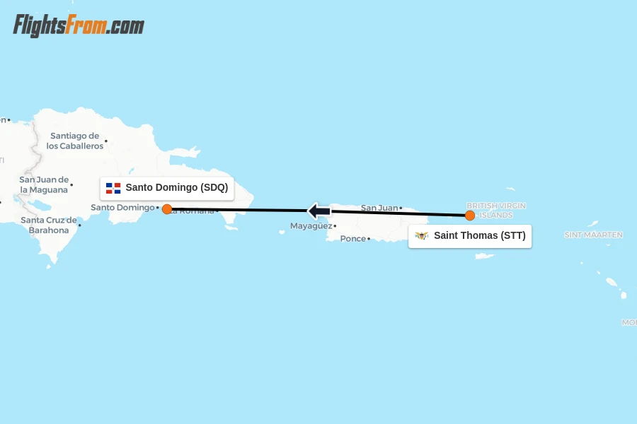 Flights from Saint Thomas to Santo Domingo route map
