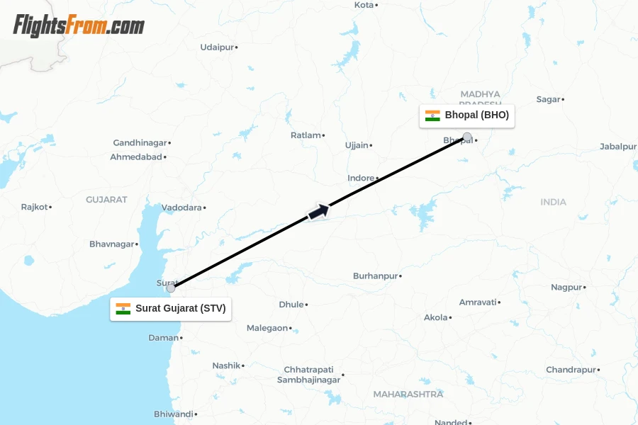 Flights from Surat Gujarat to Bhopal route map
