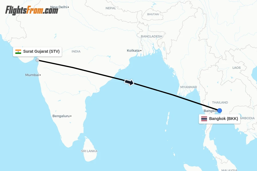 Flights from Surat Gujarat to Bangkok route map