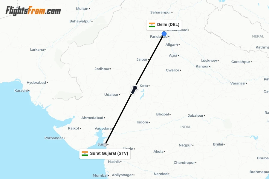 Flights from Surat Gujarat to Delhi route map