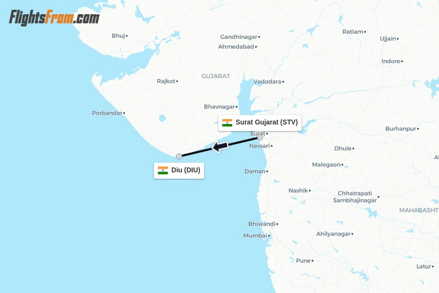 Flights from Surat Gujarat to Diu route map