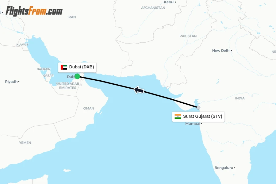Flights from Surat Gujarat to Dubai route map