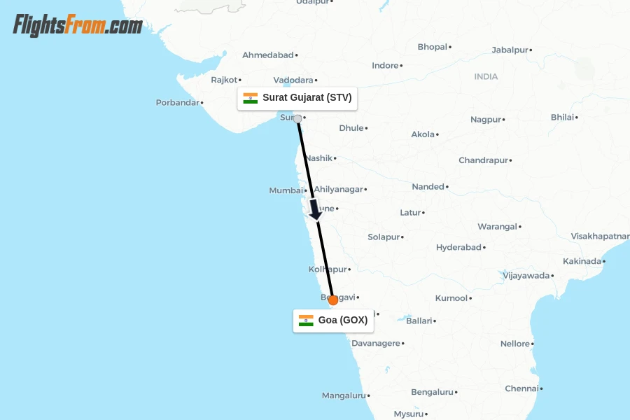 Flights from Surat Gujarat to Goa route map