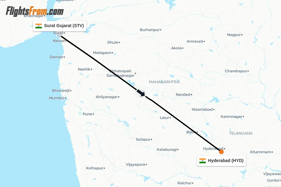 Flights from Surat Gujarat to Hyderabad route map