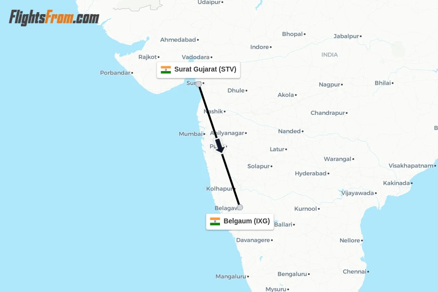 Flights from Surat Gujarat to Belgaum route map