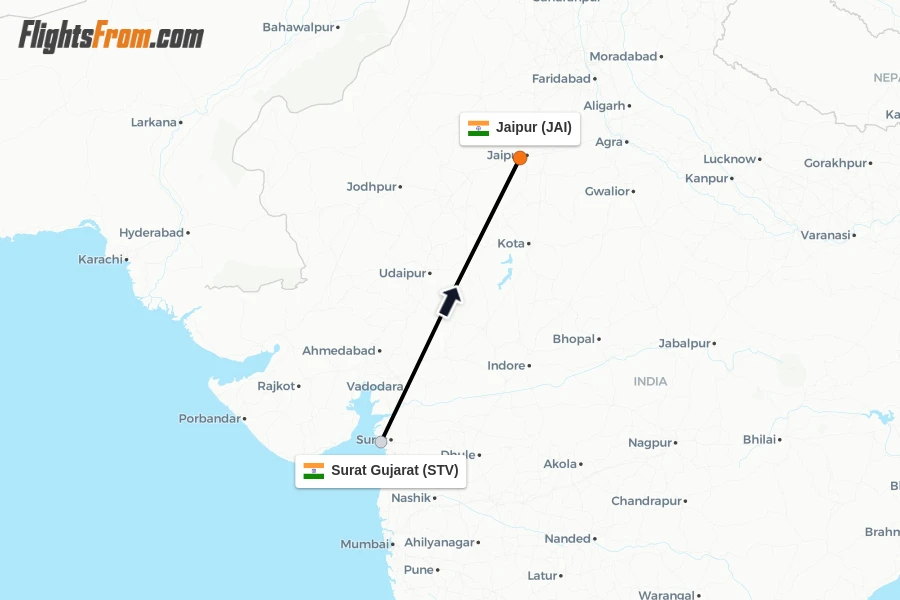 Flights from Surat Gujarat to Jaipur route map