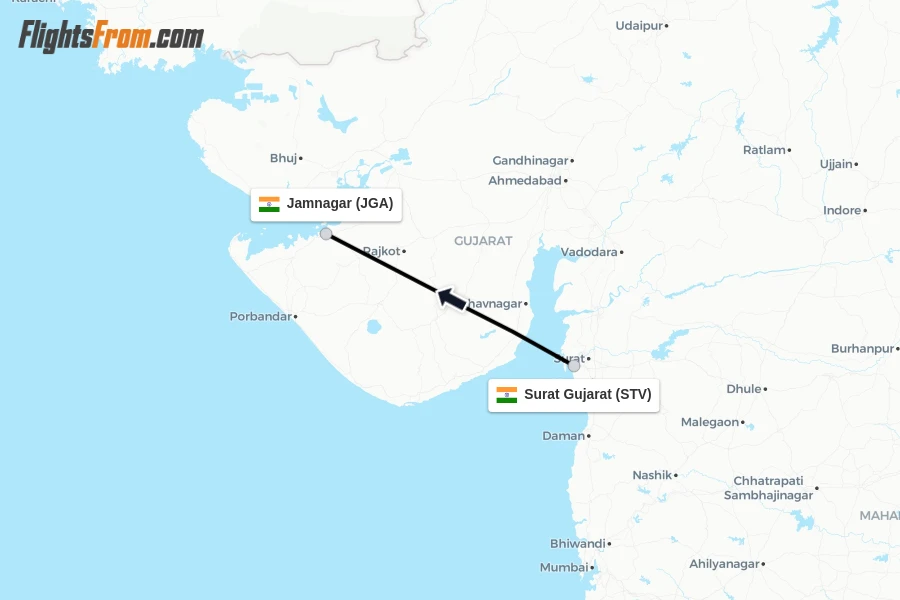 Flights from Surat Gujarat to Jamnagar route map