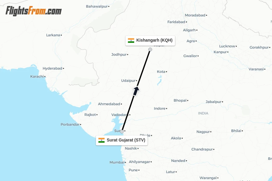 Flights from Surat Gujarat to Kishangarh route map