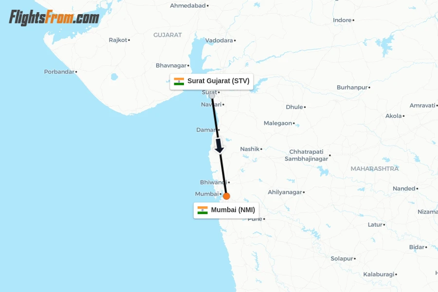 Flights from Surat Gujarat to Mumbai route map