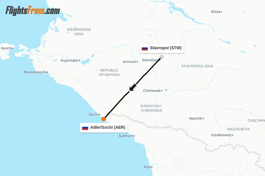 Flights from Stavropol to Adler/Sochi route map
