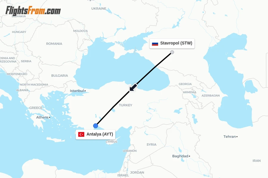 Flights from Stavropol to Antalya route map
