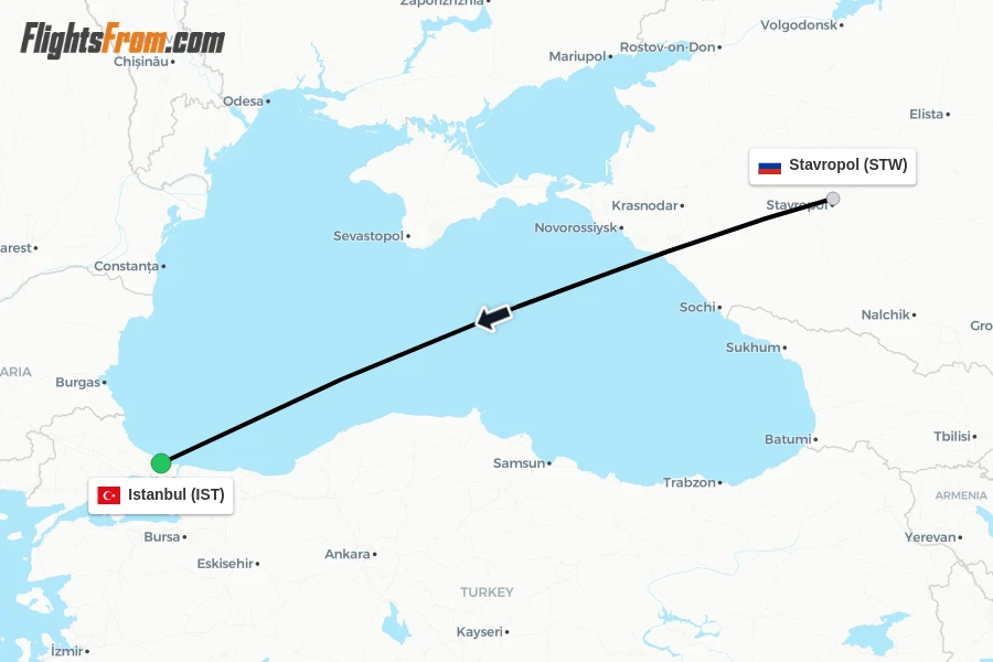 Flights from Stavropol to Istanbul route map