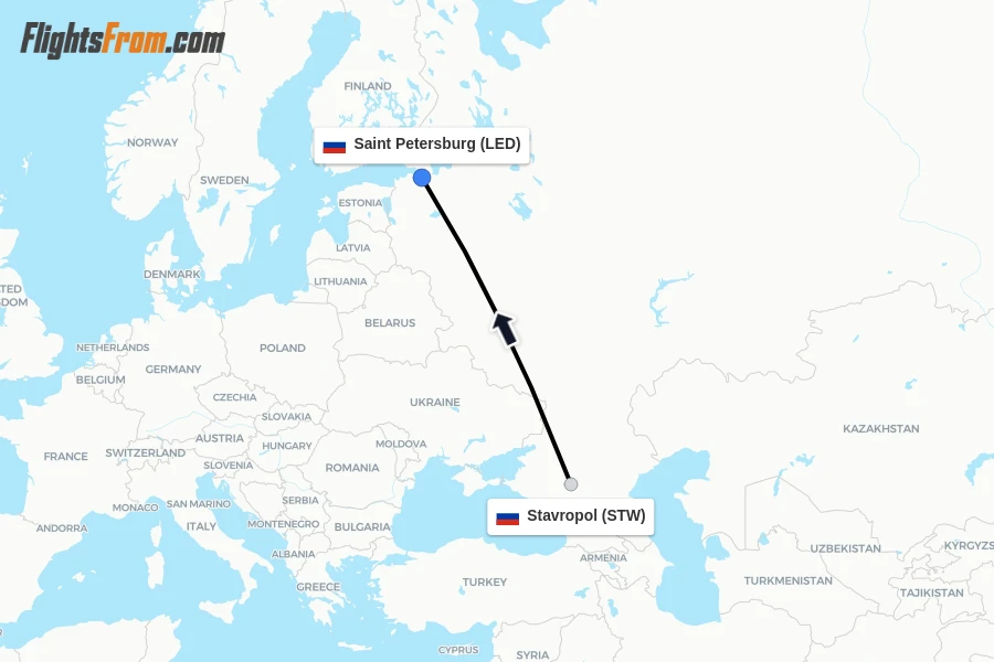 Flights from Stavropol to Saint Petersburg route map