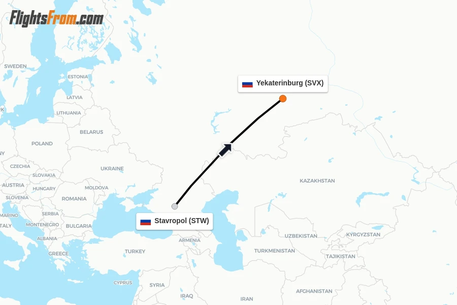 Flights from Stavropol to Yekaterinburg route map