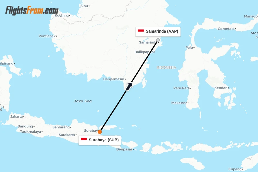 Flights from Surabaya to Samarinda route map