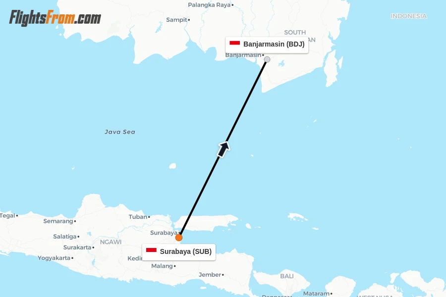 Flights from Surabaya to Banjarmasin route map