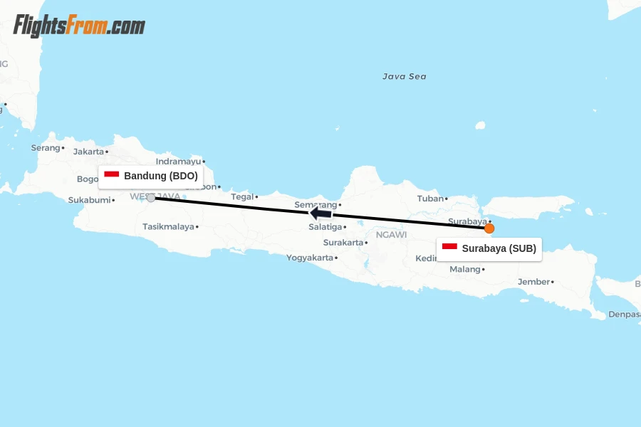 Flights from Surabaya to Bandung route map