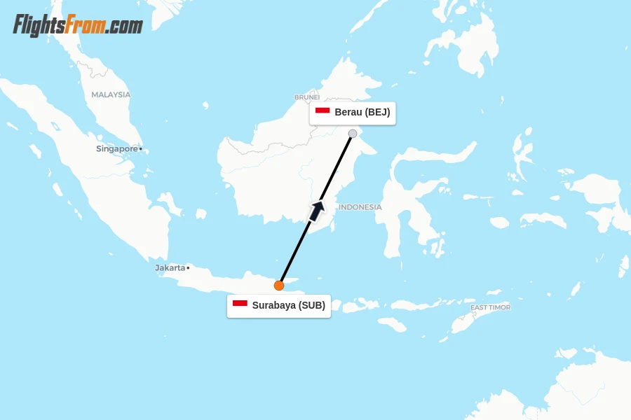 Flights from Surabaya to Berau route map